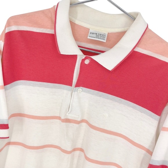 Vintage Pierre Cardin Salmon Striped Polo‎ Shirt Menswear Retro Casual Top Large - Picture 2 of 7